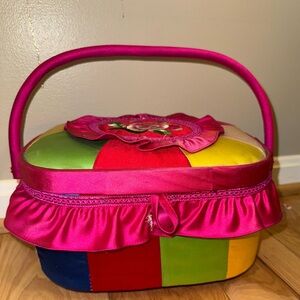 Colorful Patchwork Satin Handbag Sewing Box with Pink Accents